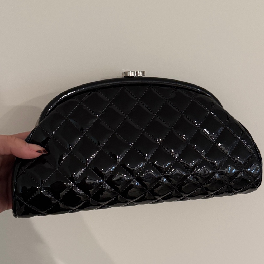 CHANEL Black Patent Quilted Clutch